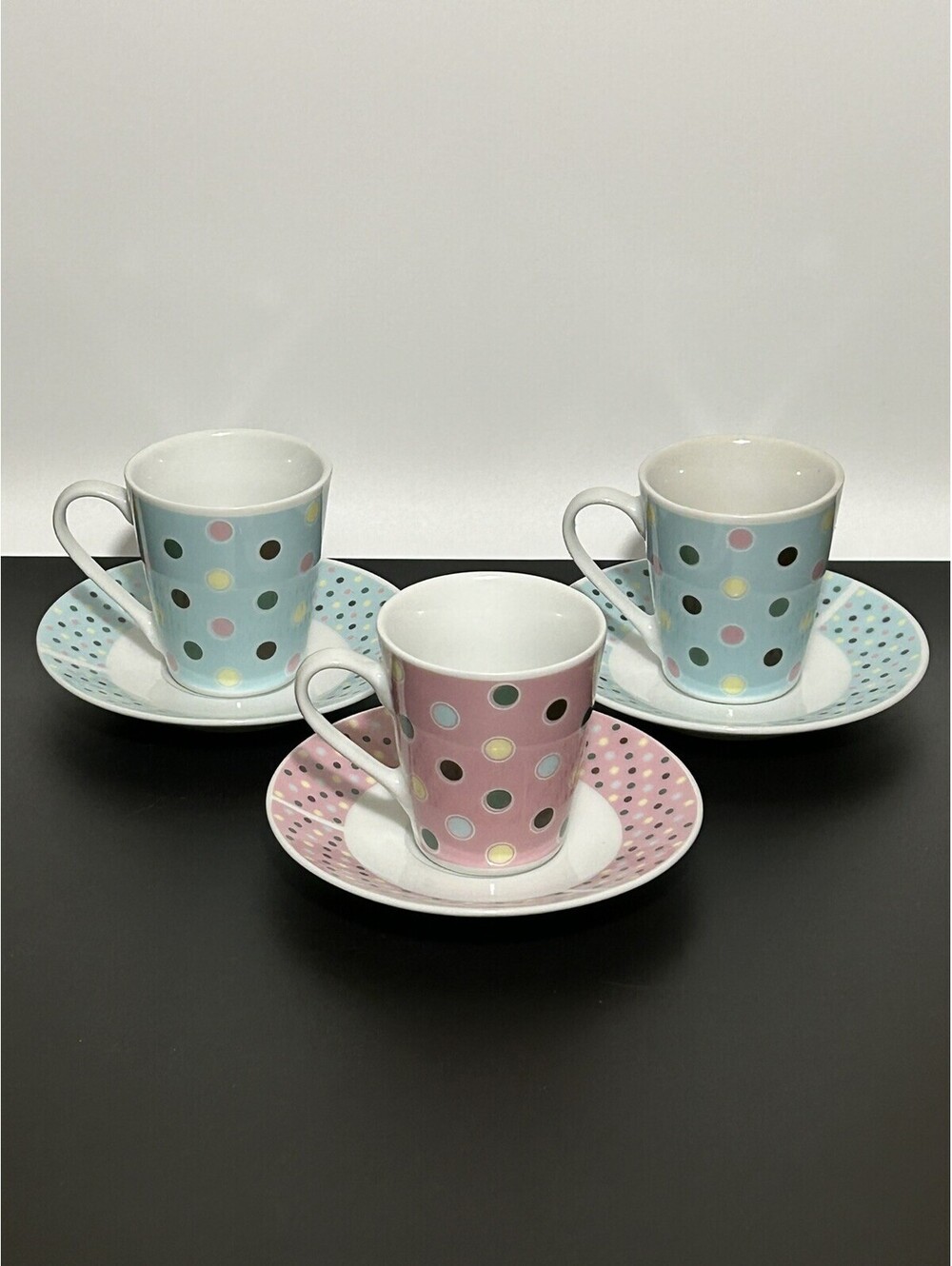 Vintage Set Of 3 Create By Just Mugs Polka Dot Demitasse Cups & Saucers 1990’s